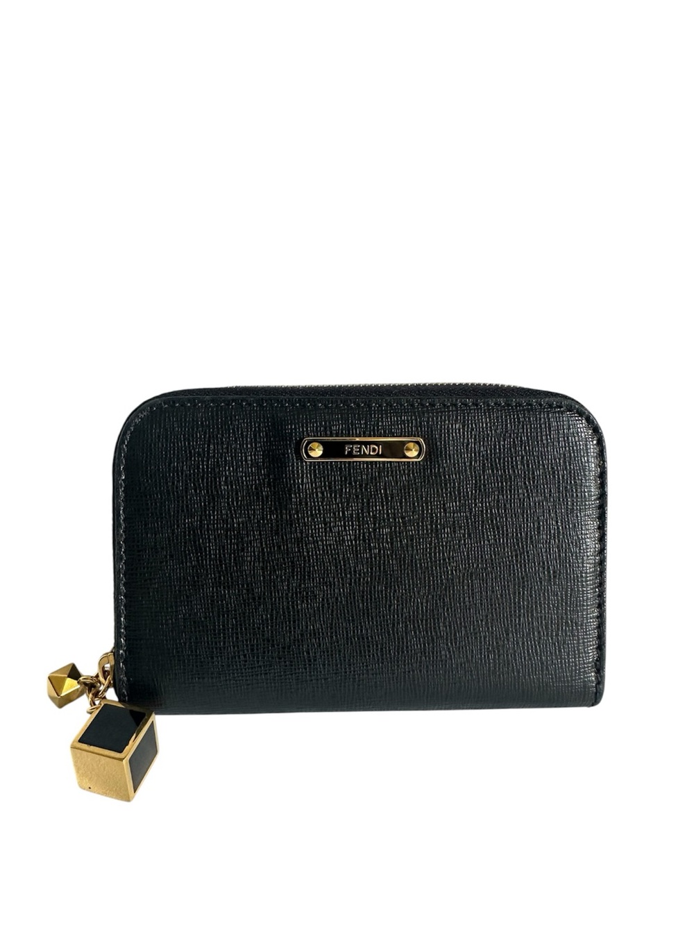 Fendi Black Textured Leather Zip Around Compact Wallet Cube Charm